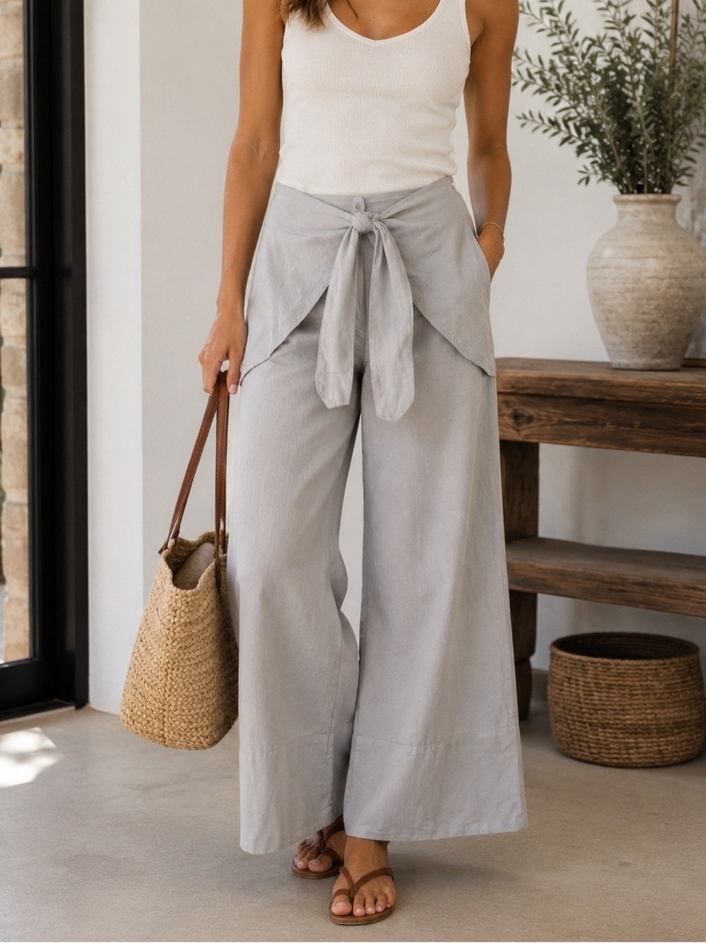Alasdair Gray Lightweight Wide Leg Tie Front Pants Silk Linen Blend Lagenlook